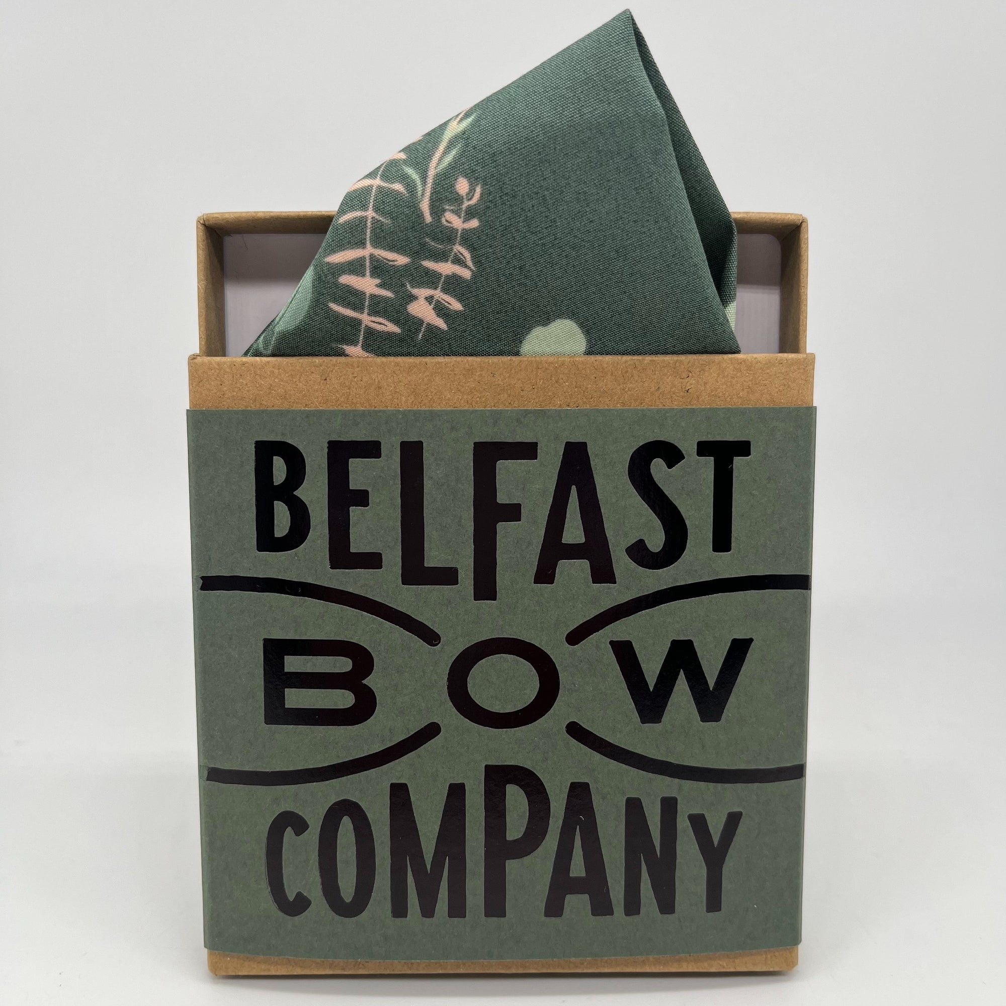 Floral pocket square in dark sage green by the belfast bow company