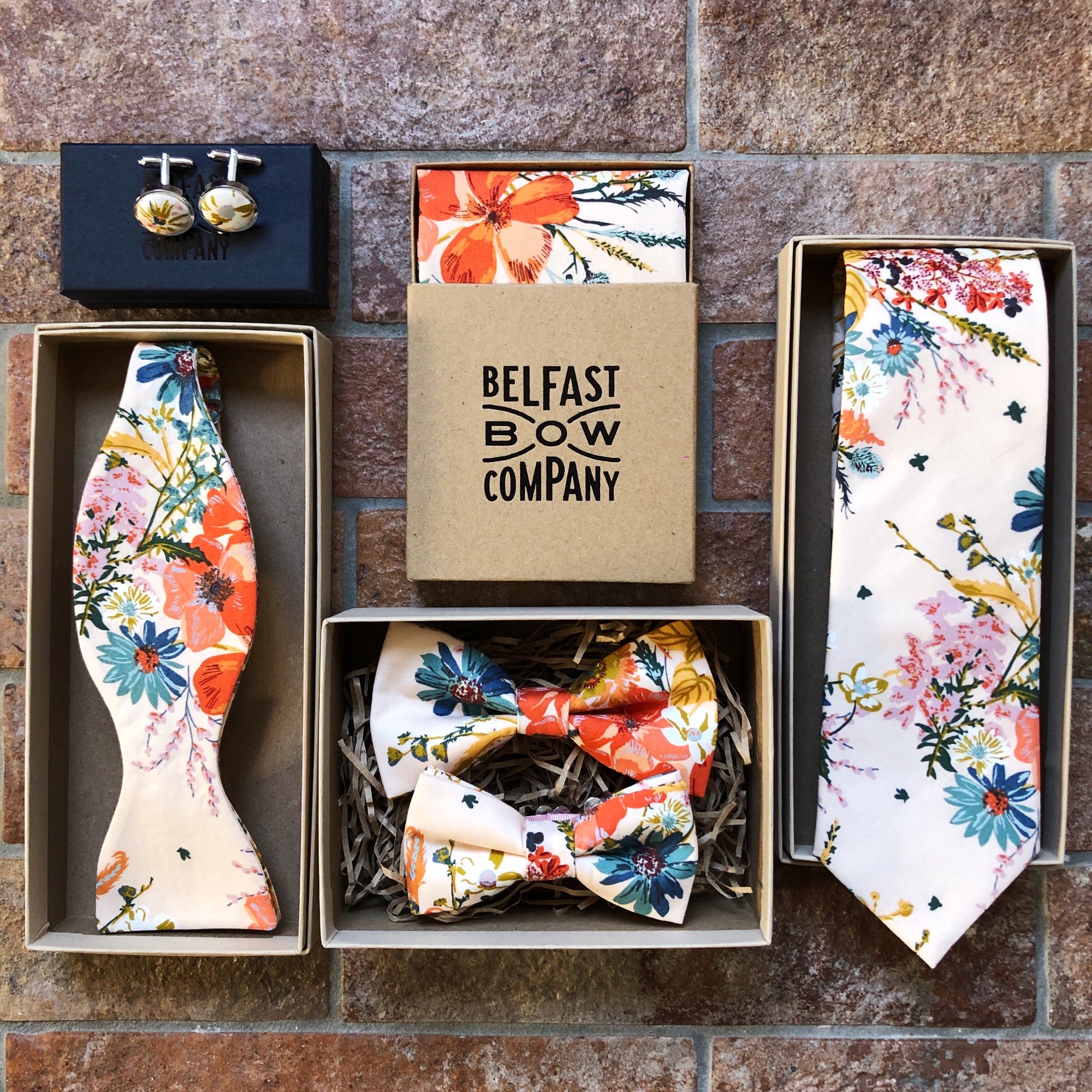 Boho Blooms full collection by the Belfast Bow Company Bow Tie Pocket Square Cufflinks Tie