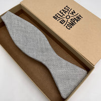 Irish linen self-tie bow tie in grey herringbone by the belfast bow company