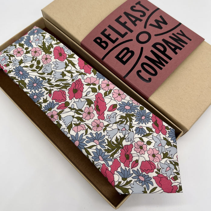 Liberty of London Tie in Pink and Blue Floral Poppy by the Belfast Bow Company