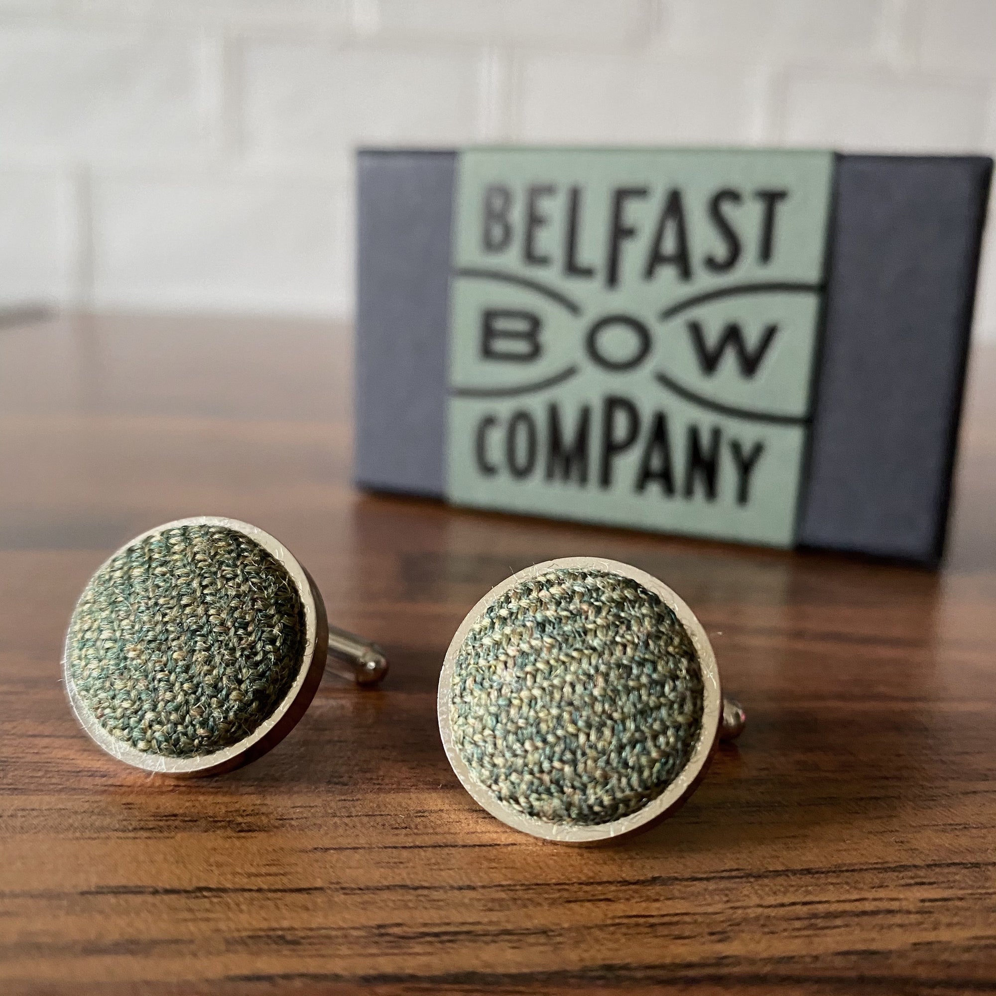 Islay Tweed Cufflinks in Olive Green by the Belfast Bow Company