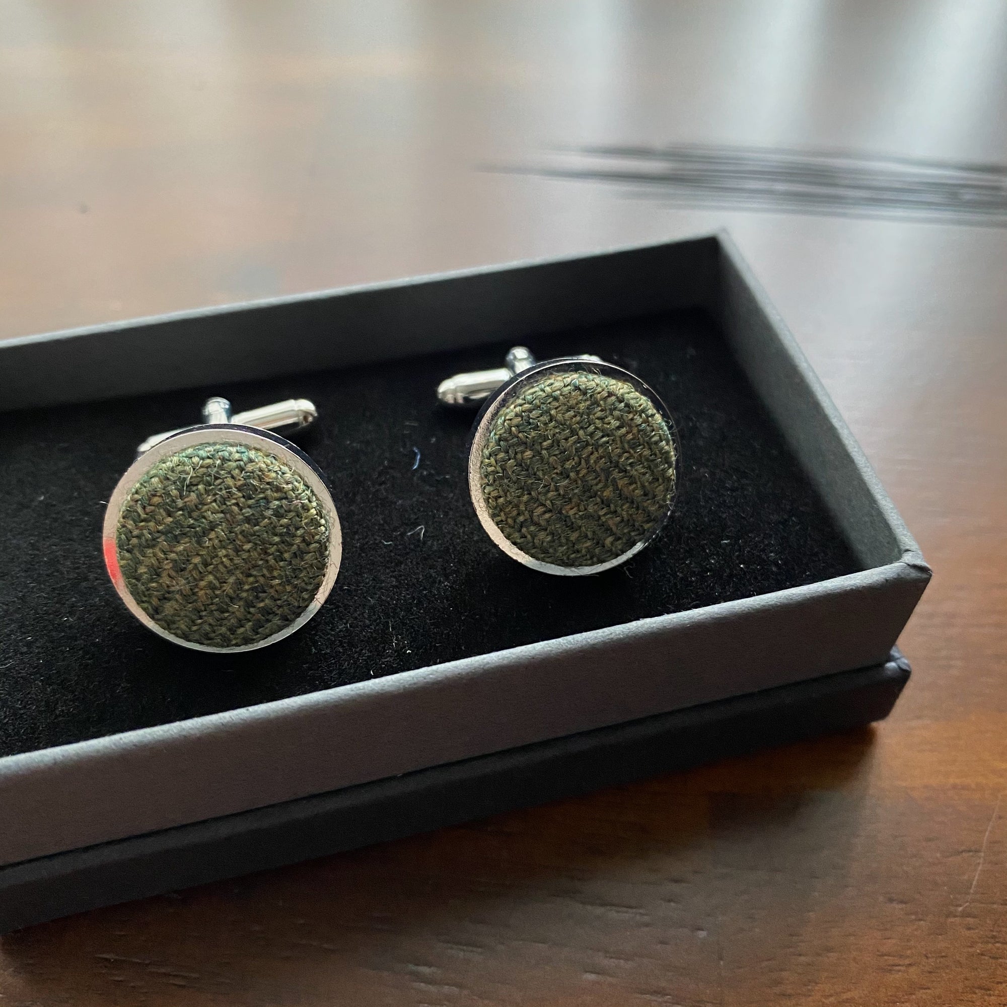 Islay Tweed Cufflinks in Olive Green by the Belfast Bow Company