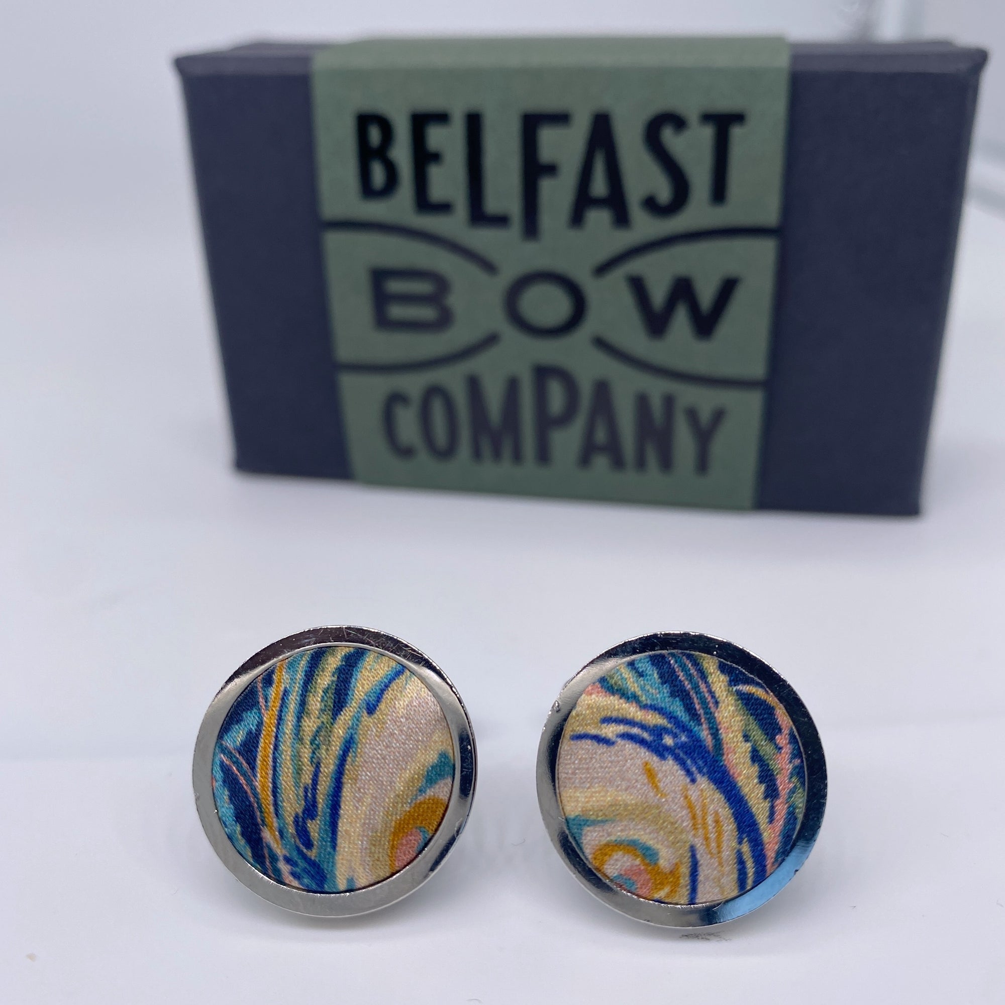 Silk Cufflinks in Peacock Feather Print by the Belfast Bow Company