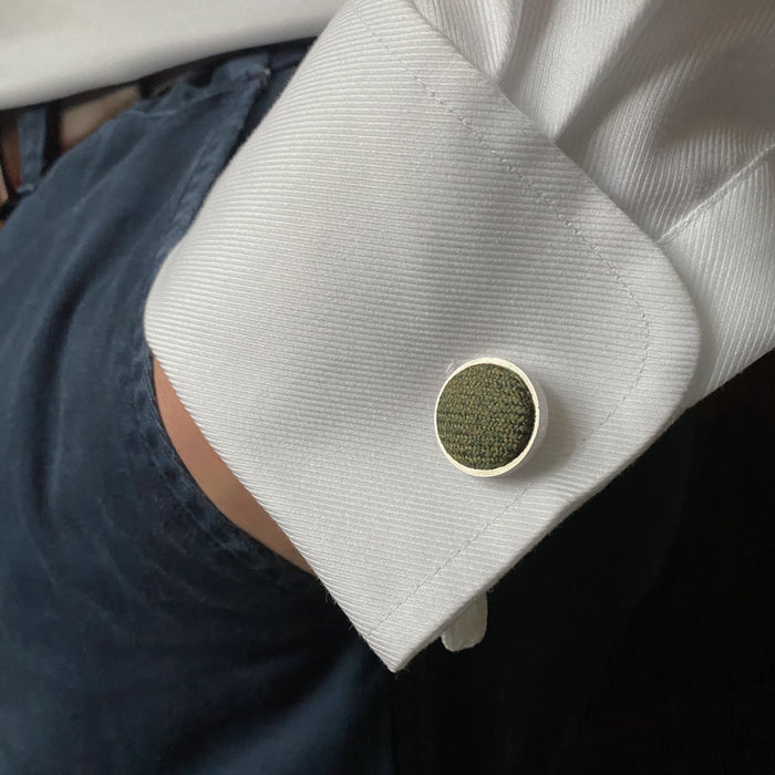 Islay Tweed Cufflinks in Olive Green by the Belfast Bow Company