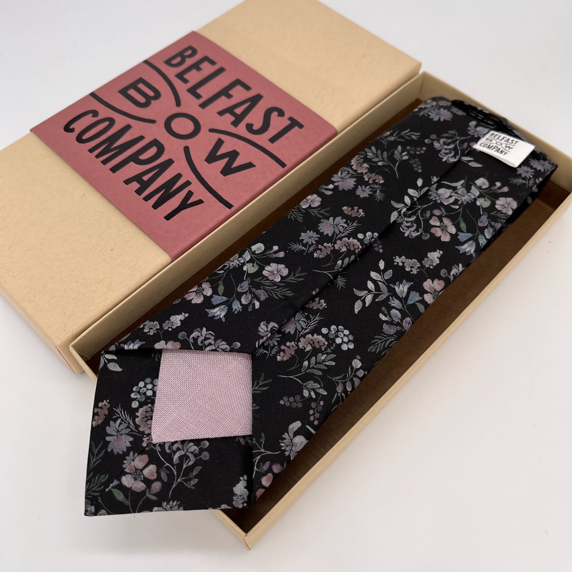 Liberty of London Tie in Black and Mauve Floral by the Belfast Bow Company