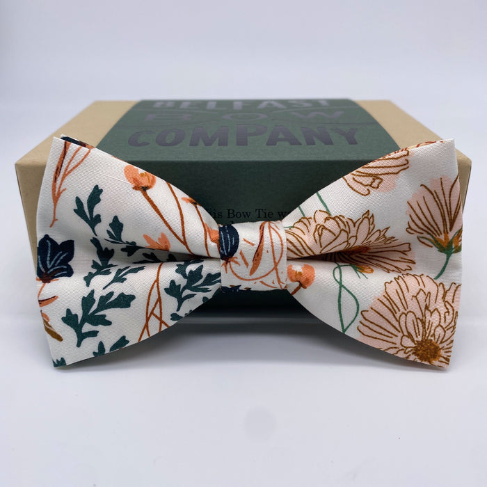 Floral Bow Tie in Green, nude and orange by the Belfast Bow Company