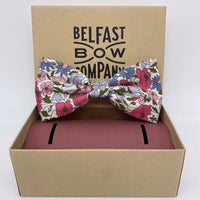 Pink and blue floral dickie bow tie in Liberty of London by the Belfast Bow Company