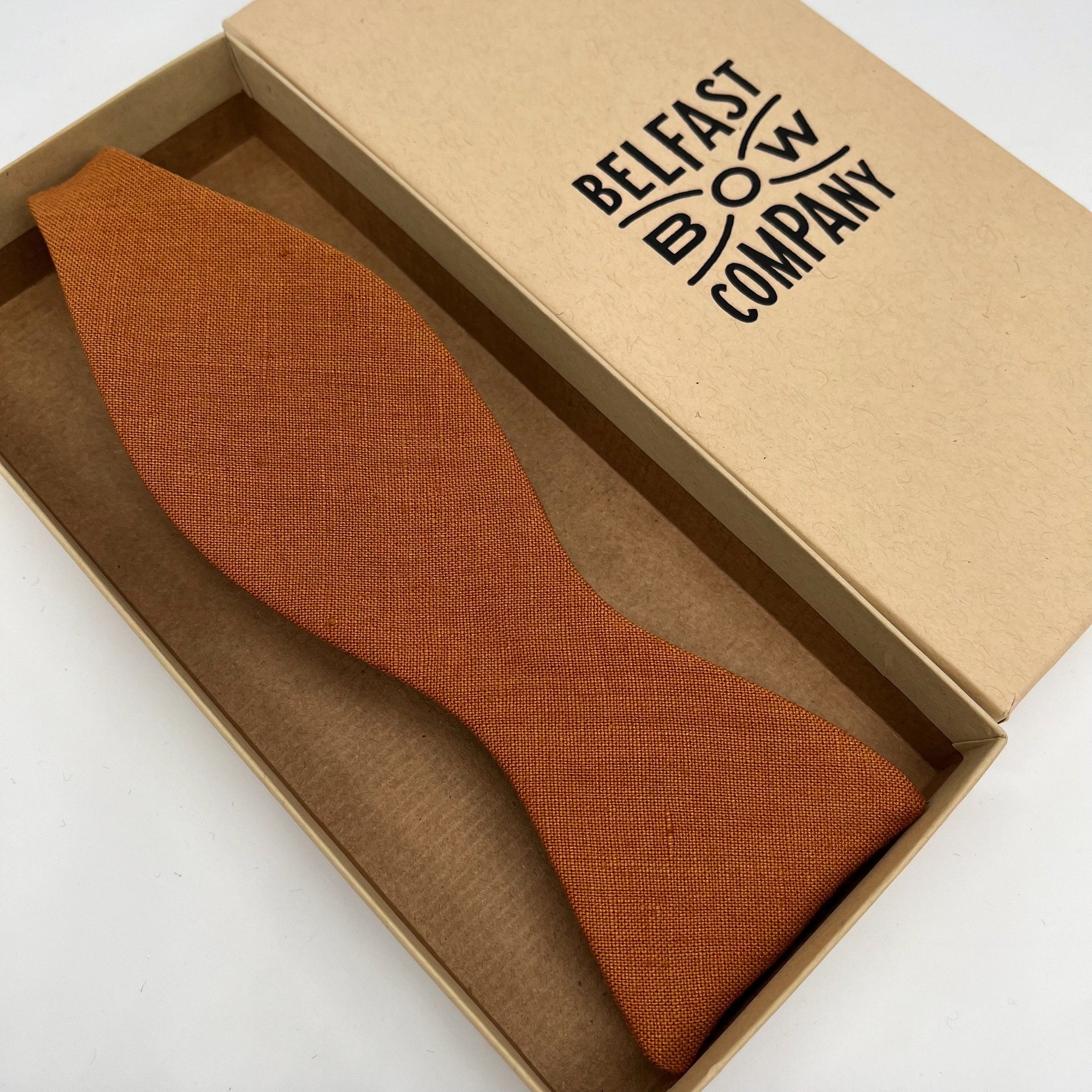 Irish linen self-tie bow tie in burnt orange by the Belfast Bow Company