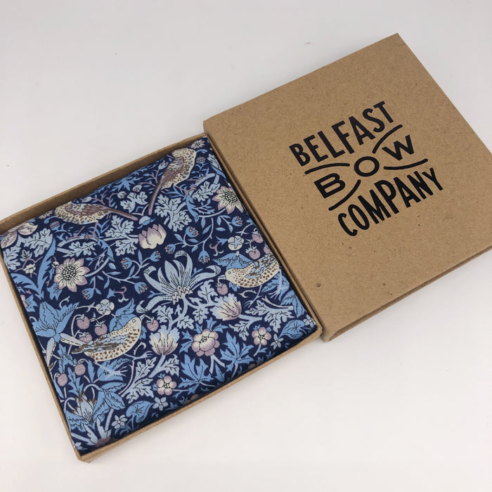 Liberty of London Pocket Square in Navy Strawberry Thief by the Belfast Bow Company