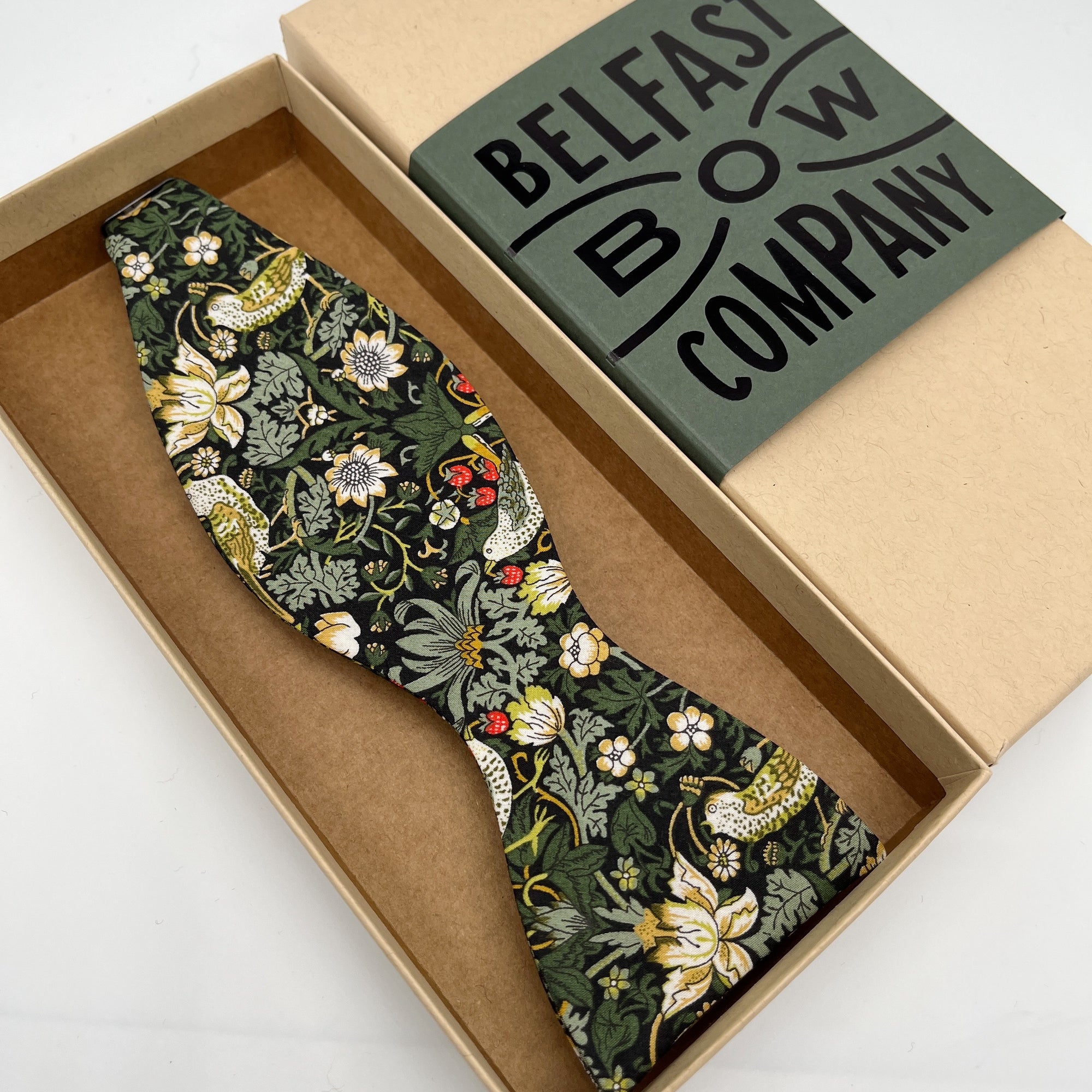 Liberty of London self-tie Bow Tie in Dark Green Strawberry Thief by the Belfast Bow Company