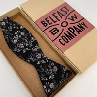 Liberty Self-Tie in Black and Mauve Floral by the Belfast Bow Company