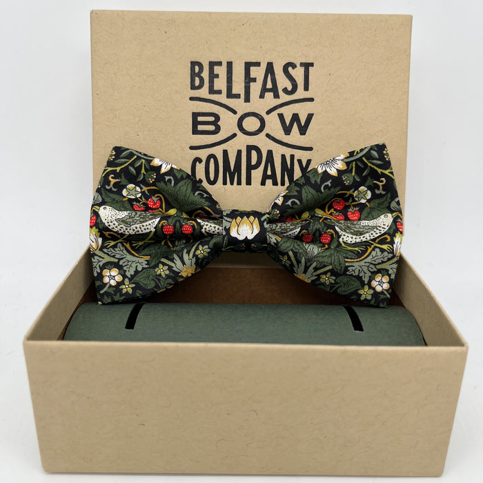 Liberty of London dicky Bow Tie in Dark Green Strawberry Thief by the Belfast Bow Company