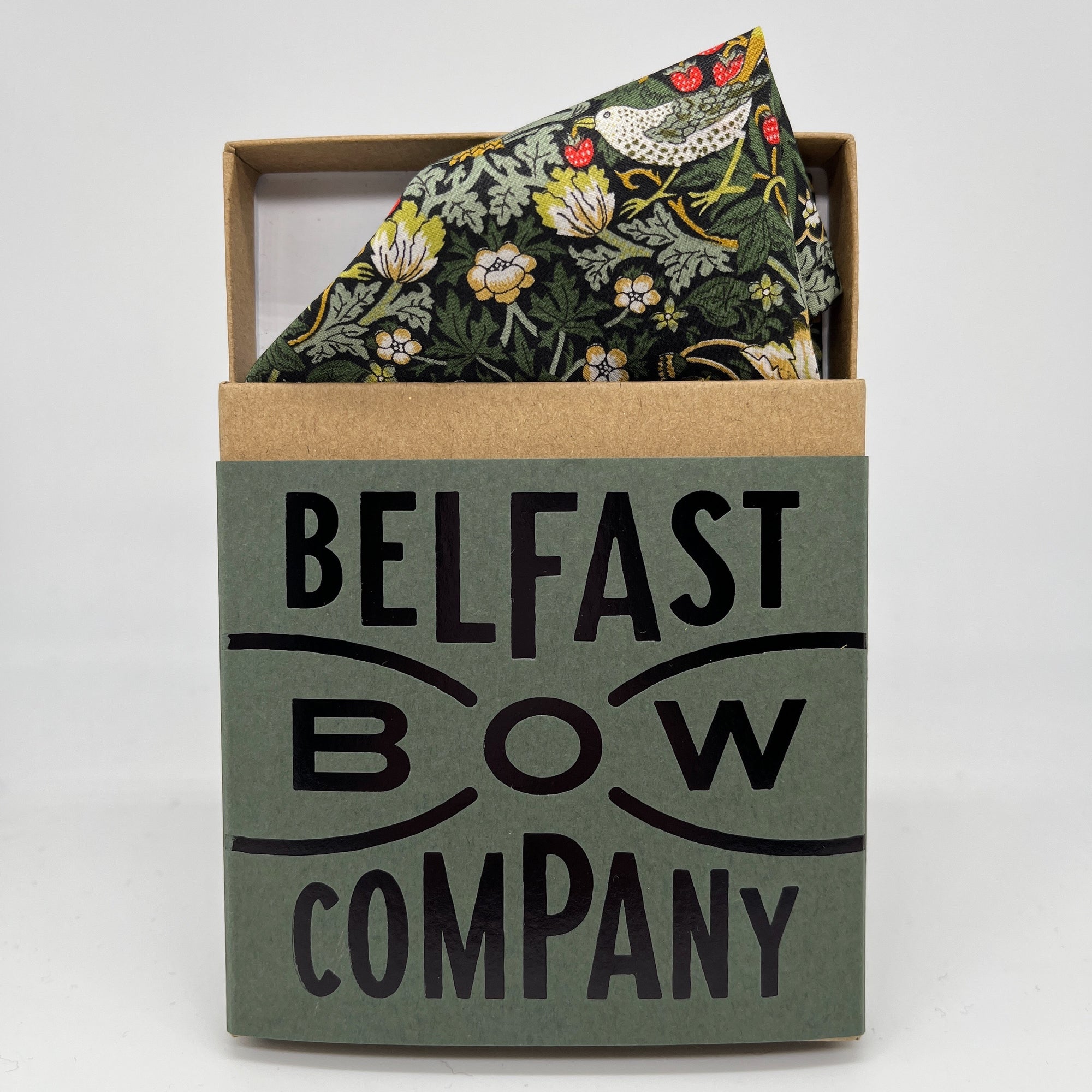 Liberty of London Pocket Square in Dark Green Strawberry Thief by the Belfast Bow Company