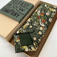 Liberty of London Tie in dark green Strawberry Thief  tipped with Irish Linen by the Belfast Bow Company